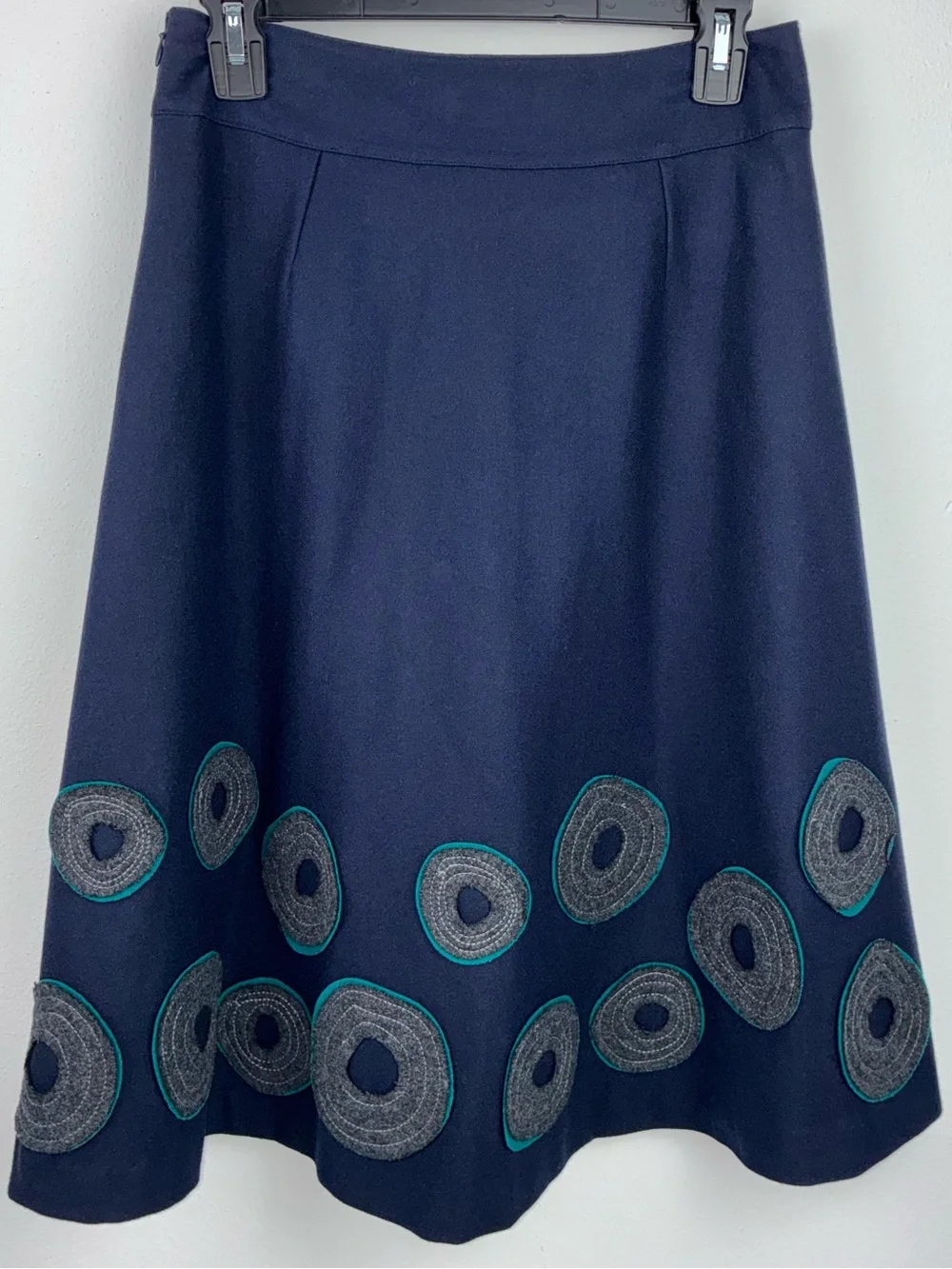 Boden Navy‎ Wool Blend A-Line Midi Skirt Teal Circle Appliqué Size 8